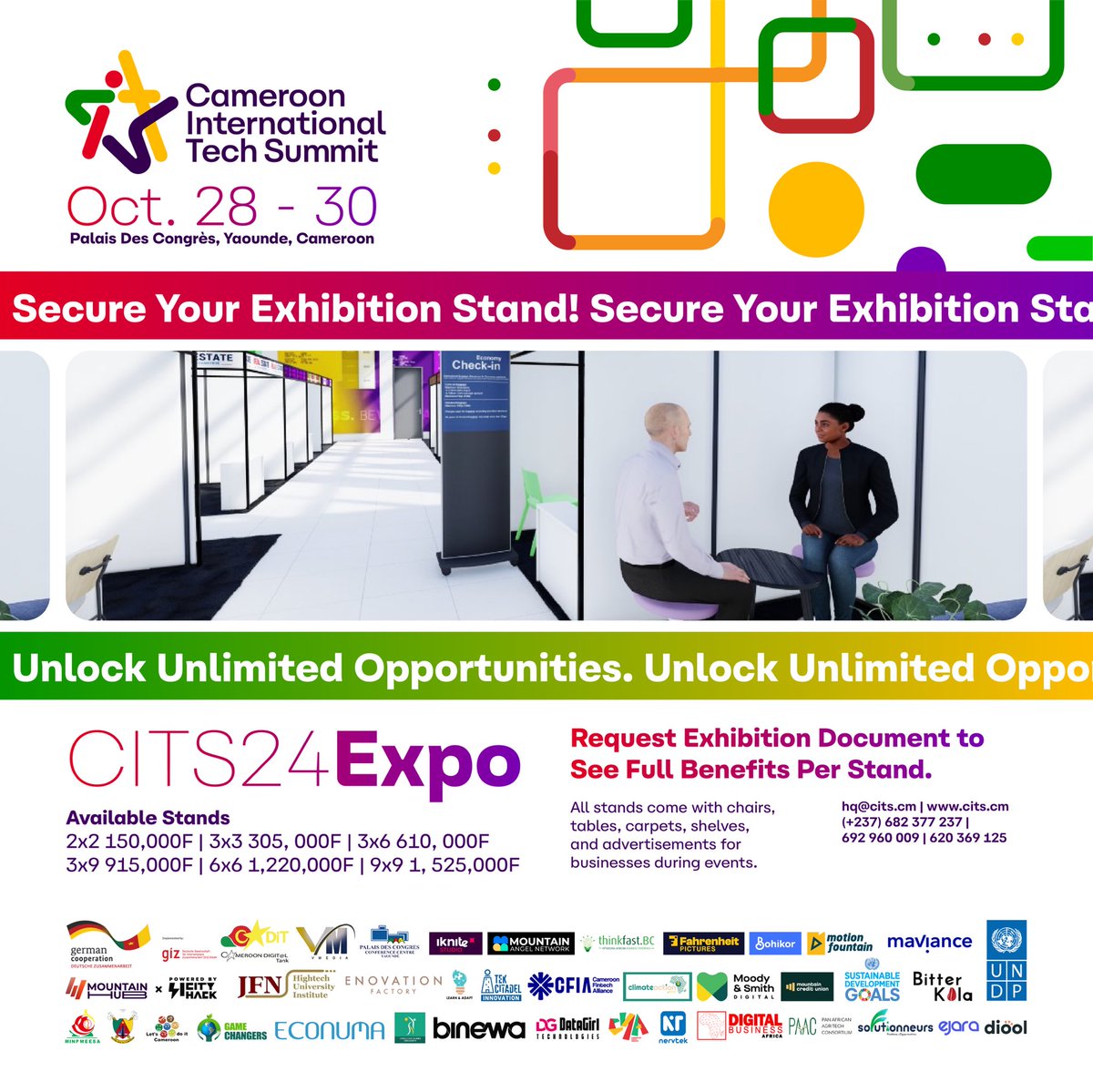 Showcase your brand at #CITS24! 🚀 Exhibit from Oct 28-30 at Palais Des Congrès and turn ideas into partnerships. Enjoy prime visibility, logo placement, and free summit tickets!

Register now: citscm.com/exhibition-reg…
#CITS24 #innovation #Cameroon #startup #pnudcameroun