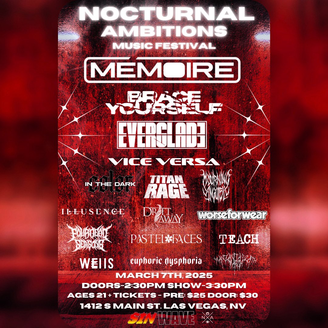 🚨FESTIVAL ANNOUNCEMENT 🚨 MARCH 7TH
16 bands, in Las Vegas, at @sinwavevegas‼️
This festival is a culmination of talent that reaches from the PNW/NORCAL/SOUTHWEST areas of the United States!

Tickets 🎟️: ticketbud.com/events/6359139…