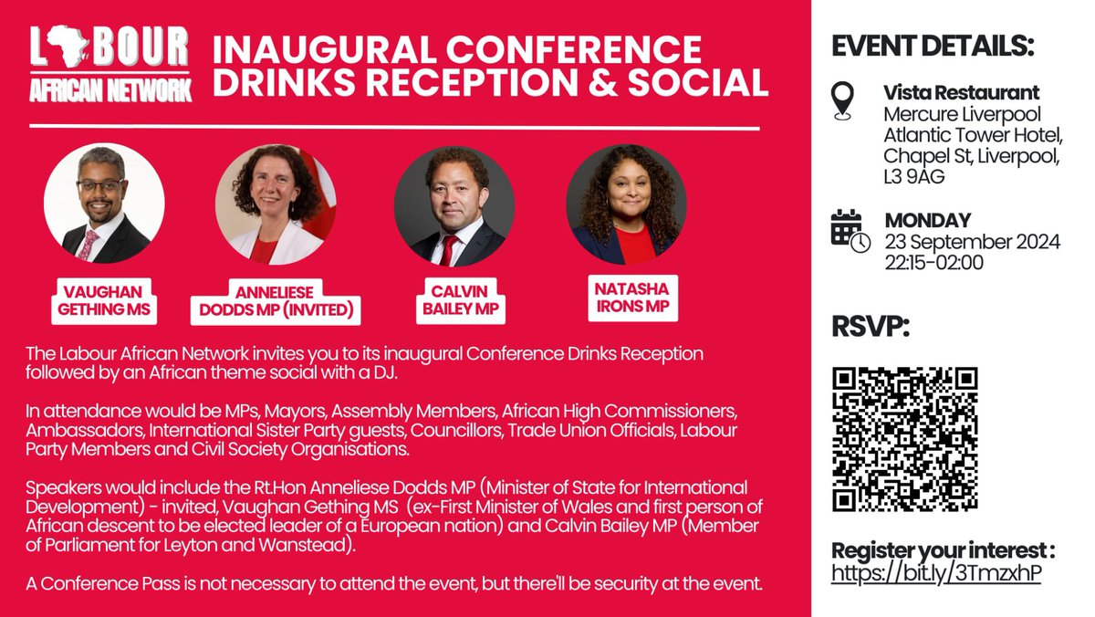 Labour African Network (@labour_african) on Twitter photo Thanks again to all who contributed to our successful inaugural Labour Party Conference Drinks Reception.Great speeches from <a href="/CalvinBailey/">Calvin Bailey MBE MP</a>, <a href="/JessicaToale/">Jessica Toale MP</a> <a href="/vaughangething/">Vaughan Gething</a> <a href="/NDIronsMP/">Natasha Irons MP</a> <a href="/BayoAlaba/">Bayo Alaba MP</a>.
As UNGA will not clash with Conference next year, we hope <a href="/DavidLammy/">David Lammy</a> & team will join. Thanks again to all who contributed to our successful inaugural Labour Party Conference Drinks Reception.Great speeches from <a href="/CalvinBailey/">Calvin Bailey MBE MP</a>, <a href="/JessicaToale/">Jessica Toale MP</a> <a href="/vaughangething/">Vaughan Gething</a> <a href="/NDIronsMP/">Natasha Irons MP</a> <a href="/BayoAlaba/">Bayo Alaba MP</a>.
As UNGA will not clash with Conference next year, we hope <a href="/DavidLammy/">David Lammy</a> & team will join.