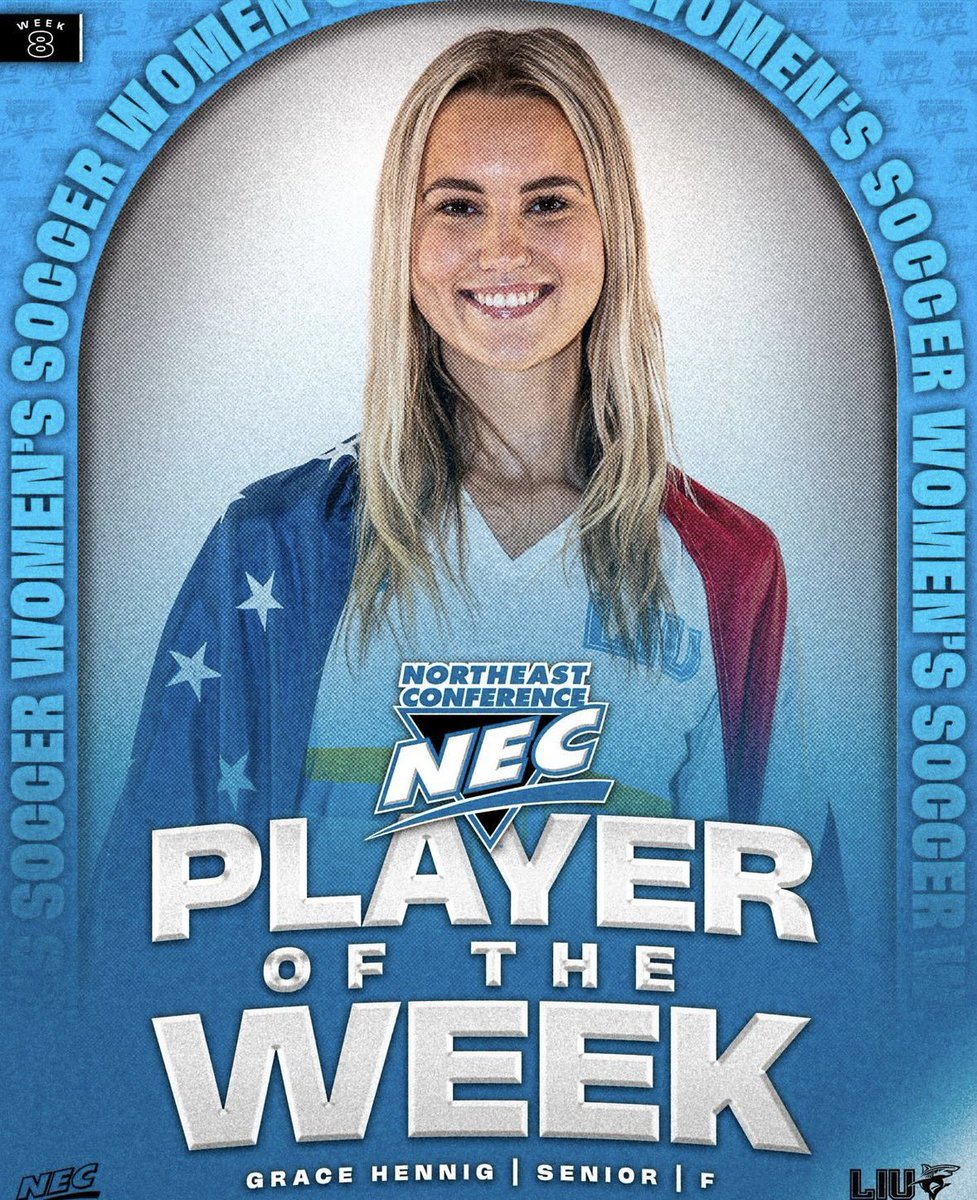 Congratulations to our very own Grace Hennig for being the NEC player of the week!!

#liuwsoc #liuathletics #longislanduniversity #finsup #nec #NECWSOC #ncaa