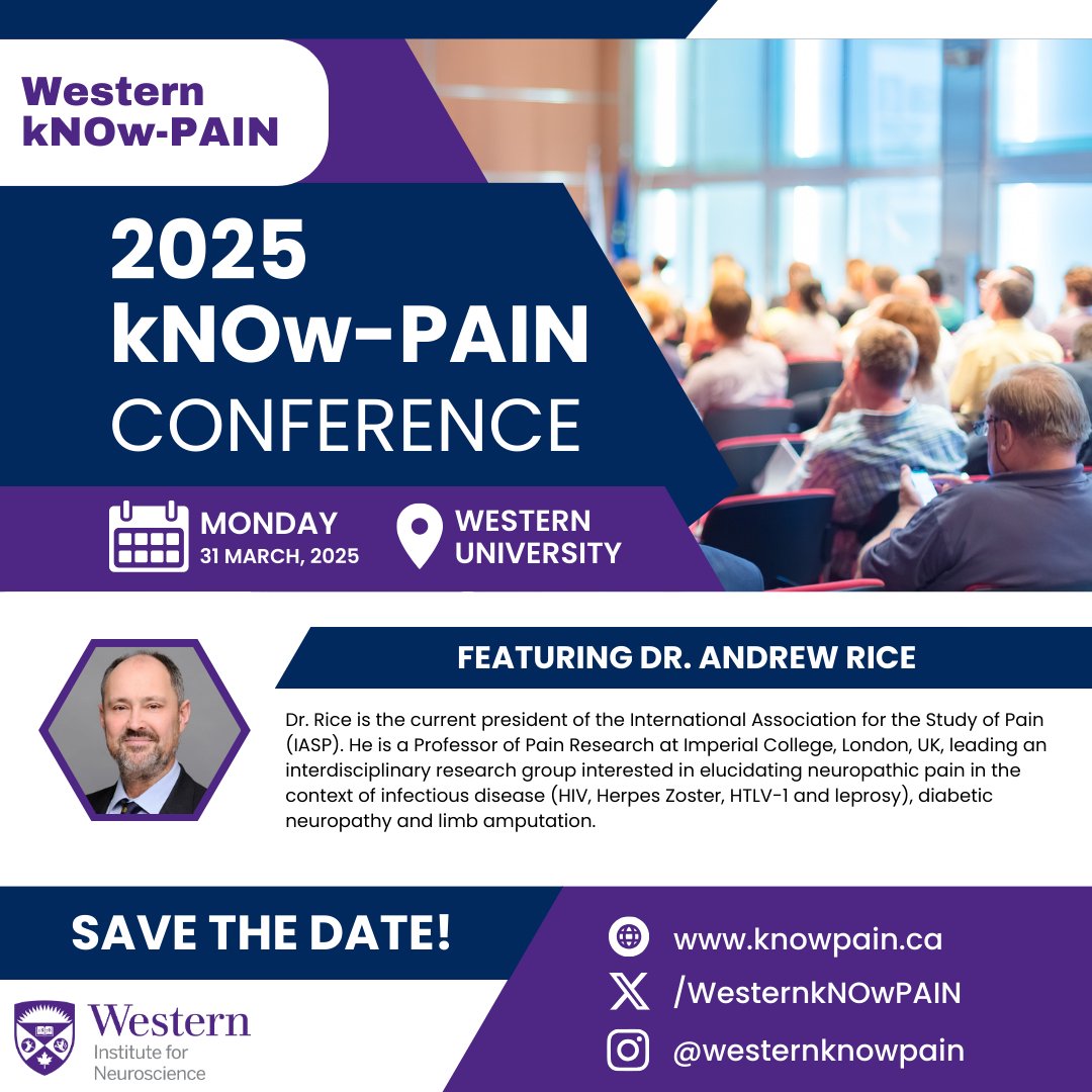 Save the Date! kNOw-PAIN is hosting our first ever kNOw-PAIN Conference at Western University on March 31, 2025, featuring IASP President Dr. Andrew Rice. Details on registration to come...stay tuned! #kNOwPAIN #kNOwPAIN2025