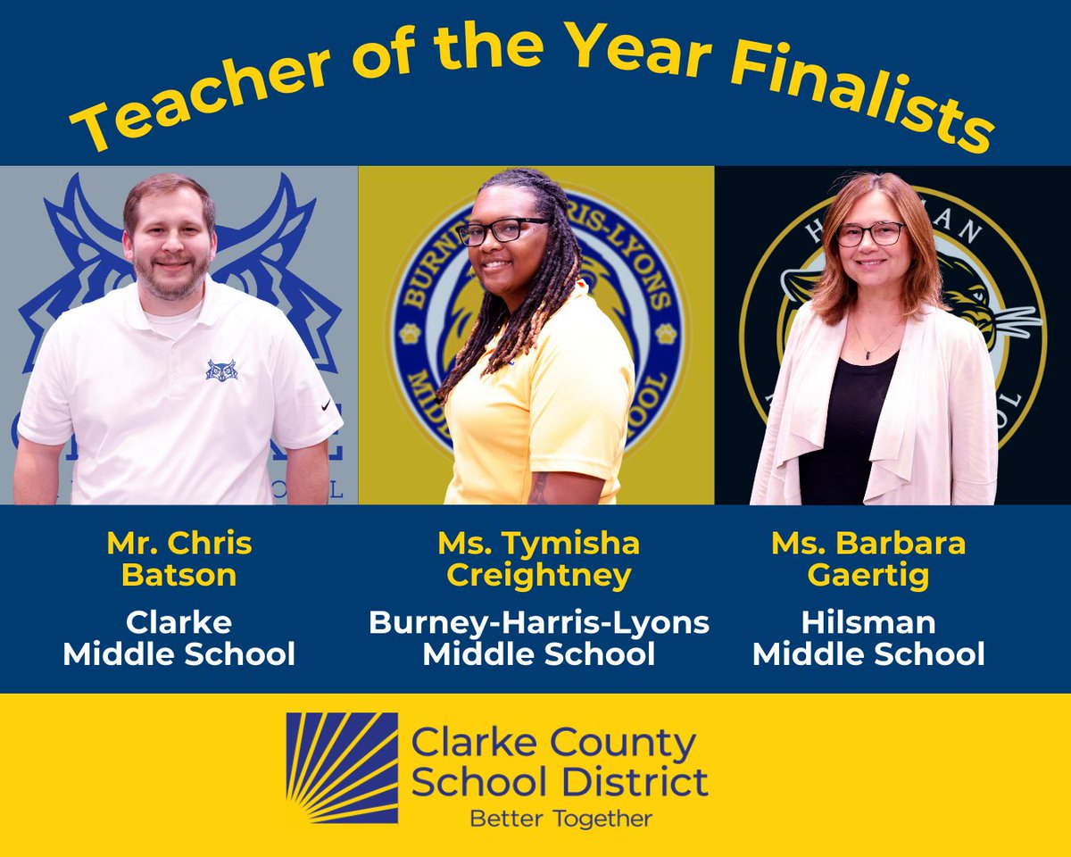 ClarkeCoSchools's tweet image. 2024-25 Teacher of the Year finalists announced! Read more here: clarke.k12.ga.us/article/1806851
