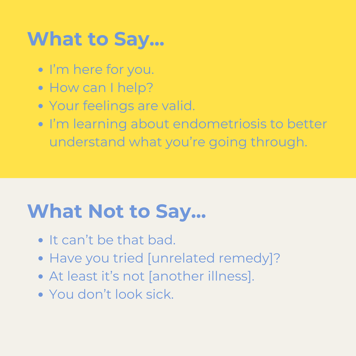 WWEndoMarch's tweet photo. Supporting someone with #endometriosis means choosing your words carefully. Here’s a quick guide to help you navigate these conversations. https://t.co/EN8SioUEnn