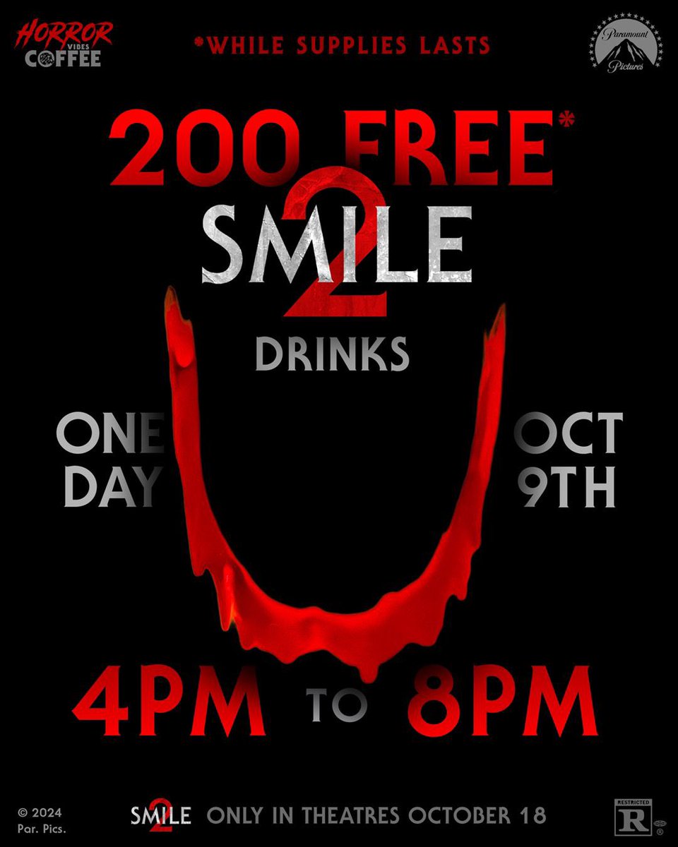 To celebrate the release of @Paramountpictures SMILE 2,  Horror Vibes Coffee is serving its happiest drink yet: a strawberries &amp; cream cold brew that's sure to leave a grin on your face. This drink is available ONLY Oct. 9 and at 4PM, we're offering 200 FREE DRINKS!