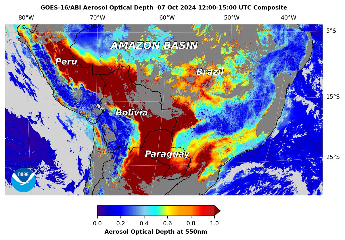 AerosolWatch (@aerosolwatch) on Twitter photo Thick #smoke (dark red) engulfing corridor east of #AndesMountains this morning 7 Oct including #Peru, #Bolivia, #Brazil, #Paraguay & northern #Argentina, shown by #GOESEast #ABI aerosol optical depth. Gaps in data coverage from clouds. <a href="/NOAASatellites/">NOAA Satellites</a> <a href="/aprados1/">Dr Ana Prados</a> <a href="/Atmosfera_UMSA/">LFA</a> Thick #smoke (dark red) engulfing corridor east of #AndesMountains this morning 7 Oct including #Peru, #Bolivia, #Brazil, #Paraguay & northern #Argentina, shown by #GOESEast #ABI aerosol optical depth. Gaps in data coverage from clouds. <a href="/NOAASatellites/">NOAA Satellites</a> <a href="/aprados1/">Dr Ana Prados</a> <a href="/Atmosfera_UMSA/">LFA</a>