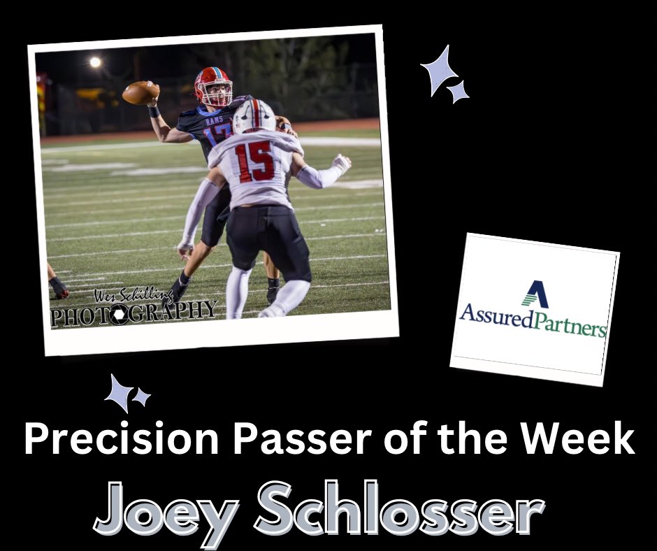 Congratulations to Joey Schlosser from the Senior Rams for being named the AssuredPartners Precision Passer of the Week! 

Joey led the Rams to their first win of the season with an outstanding performance, going 11/15 for 138 yards and 2 passing touchdowns, while also adding 51