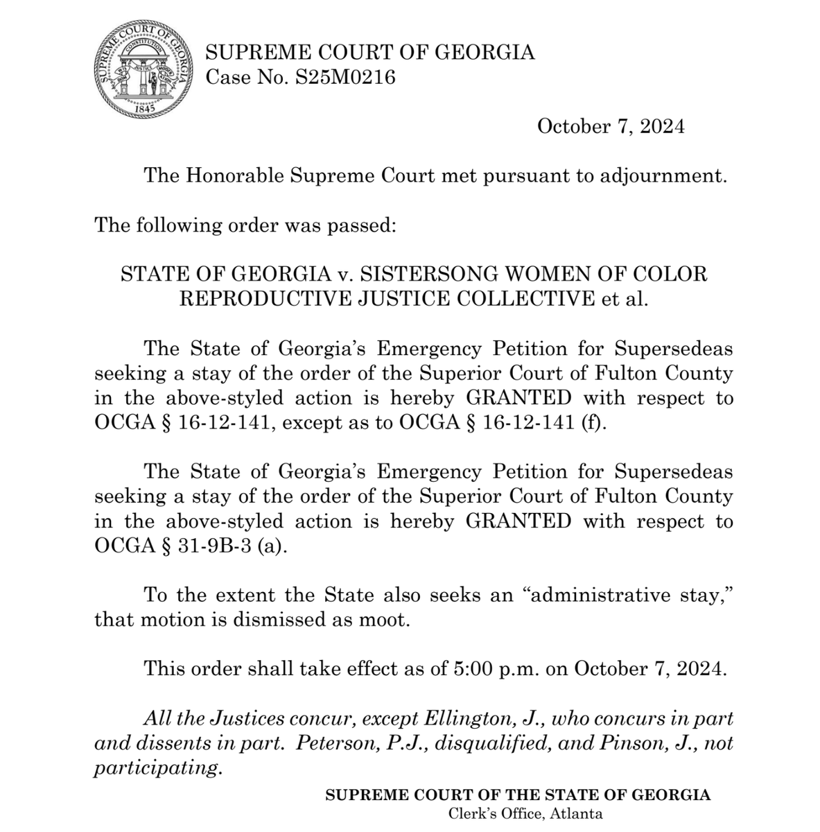 chrisgeidner's tweet photo. BREAKING: The Georgia Supreme Court puts the state's six-week abortion ban back in effect, as of 5p today.

The court, w/ one justice dissenting, granted the state's request for a stay pending the state's appeal of the loss below.

Background at Law Dork: https://t.co/kWsyIgiWWN https://t.co/0RFNNvR0qO