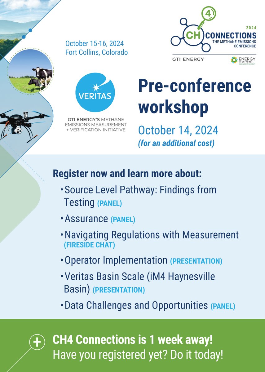 Ch4Connections's tweet image. Join @gti_energy’s Veritas initiative for a pre-conference workshop before CH4 Connections, exploring topics such as navigating regulations with measurement, data challenges & opportunities, operator implementation, and more. Register today: web.cvent.com/event/711bd70e…