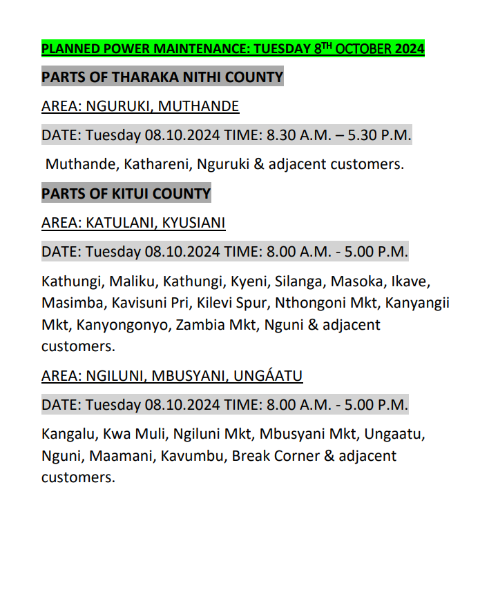 Good Evening. The listed areas will be under planned power maintenance tomorrow (8th October, 2024). For the advance notice, use bit.ly/31u4jY4. To access the latest schedule, check under the most recent date. ^MA