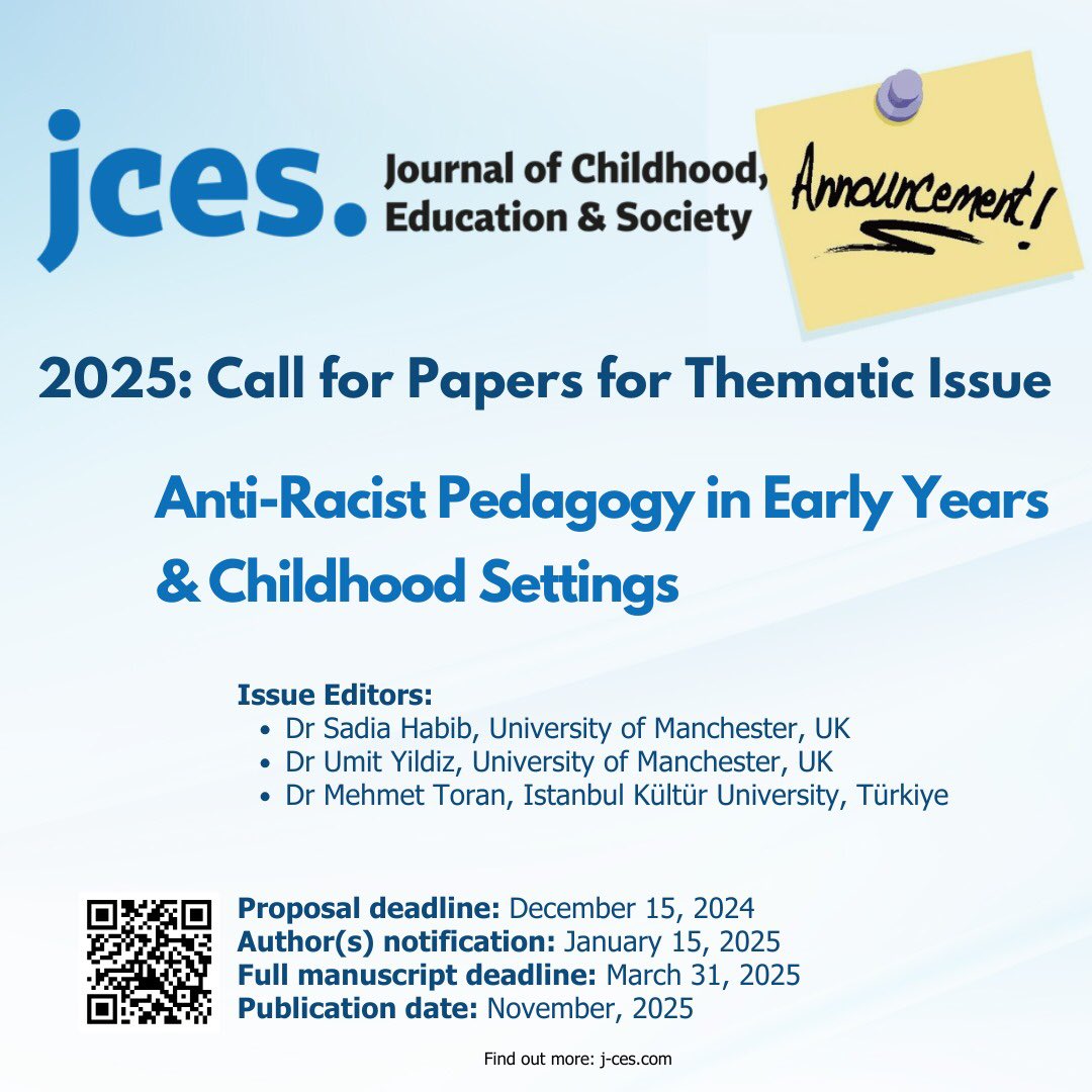 J Childhood, Education & Society (@journal_ces) on Twitter photo #CallforPapers: Thematic issue opens for proposals “Anti-Racist Pedagogy in Early Years and Childhood Settings”
Issue editors: <a href="/educ_research/">Dr Sadia Habib</a>, <a href="/umity1/">Ümit / 希望 / امید</a> & <a href="/mehmet_toran/">Prof. Dr. Mehmet Toran</a>
Find out more: j-ces.com/index.php/jces…
#racism #edchat #research #education #childhood #CallforPapers: Thematic issue opens for proposals “Anti-Racist Pedagogy in Early Years and Childhood Settings”
Issue editors: <a href="/educ_research/">Dr Sadia Habib</a>, <a href="/umity1/">Ümit / 希望 / امید</a> & <a href="/mehmet_toran/">Prof. Dr. Mehmet Toran</a>
Find out more: j-ces.com/index.php/jces…
#racism #edchat #research #education #childhood