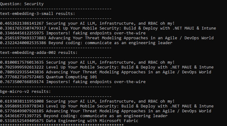 haleyjason's tweet photo. Playing with 3 different embeddings models against a SQL Azure db table with the Sessions from spring's #BostonCodeCamp 

I think the bge-micro-v2 model that I can run locally may work just fine ... https://t.co/Ypikrha6Sn