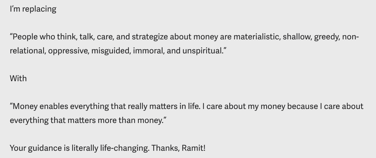 ramit's tweet photo. Today on my newsletter, I shared an exercise on how to rewrite your invisible scripts about money

Look at this excellent reframe from my reader, Lesley https://t.co/9IAezqgS6Q
