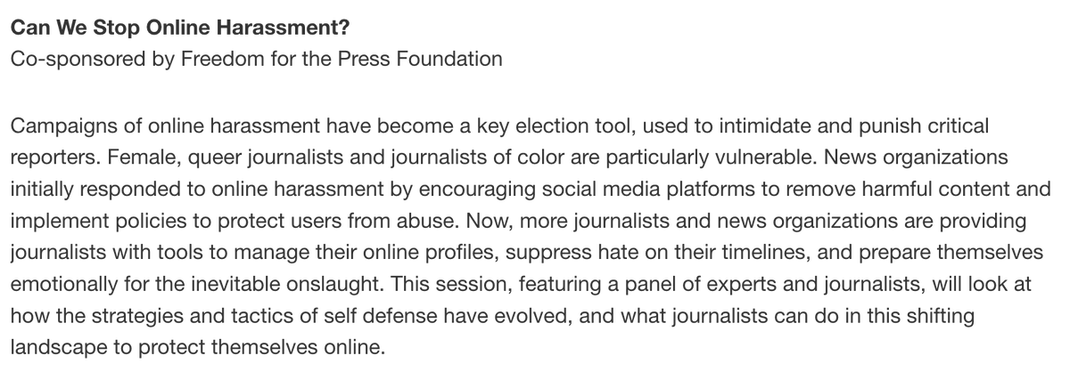 Join @freedomofpress and the Journalism Protection Initiative <a href="/newmarkjschool/">Newmark J-School</a> for a panel discussion on how to stop online harassment on Oct. 15 from 6-7:30 pm ET.

Featuring <a href="/harlo/">h ◈ r l ◉</a>, <a href="/sararafsky/">sararafsky</a>, <a href="/macollvie/">macollvie</a>, and Victorya Vilk.

RSVP here: journalism.cuny.edu/events/coverin…
