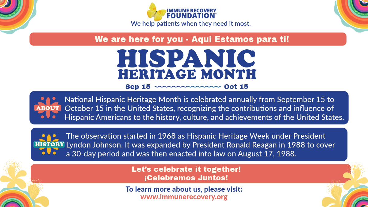 ImmuneRecovery's tweet image. Let's Celebrate together - Celebremos Juntos!

To learn more about us, please visit us at: immunerecovery.org

#hispanicheritage2024 #IRF #ChronicIllnessSupport #MedicalAssistance  #AutoimmuneAwareness #PatientAdvocacy #motivation #health  #healthcare  #MedEd  
#mentalhealth