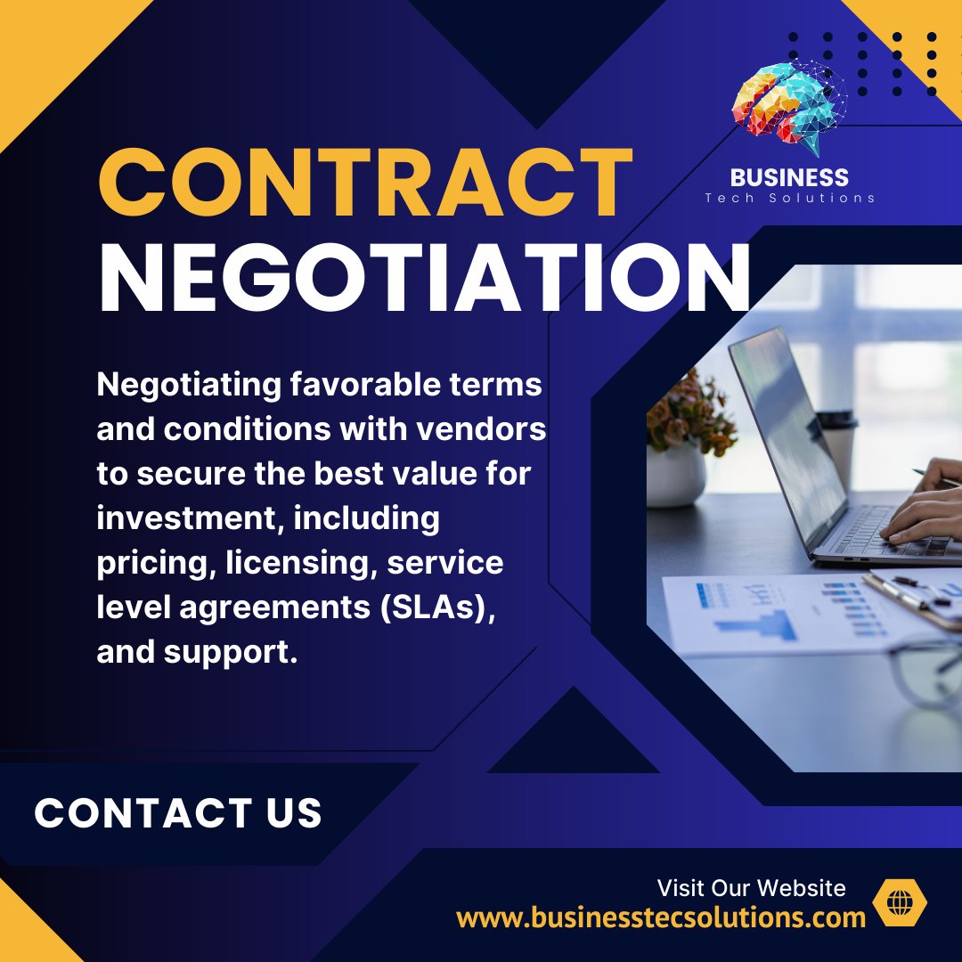 businesstech__'s tweet image. Learn More: businesstecsolutions.com
We negotiate favorable terms and conditions with vendors to ensure you secure the best value for your investment, covering pricing and ongoing support.
#VendorNegotiation #InvestmentValue #SLAs #BusinessContracts #CostSavings #Procurement