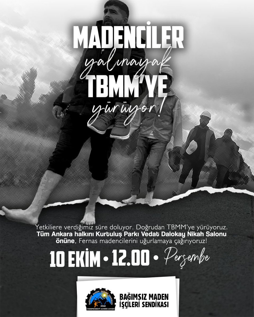 Her yolu denedik, herkesle görüştük, çözüm bekliyoruz!

Perşembe 12:00’ye kadar çözüm için bir adım atılmasını bekliyoruz. Yoksa biz yalınayak adımlarla TBMM’ye yürüyoruz. 

Ankara halkını da bizi uğurlamak üzere Kurtuluş Parkı’na bekliyoruz. #Madencilerleyim