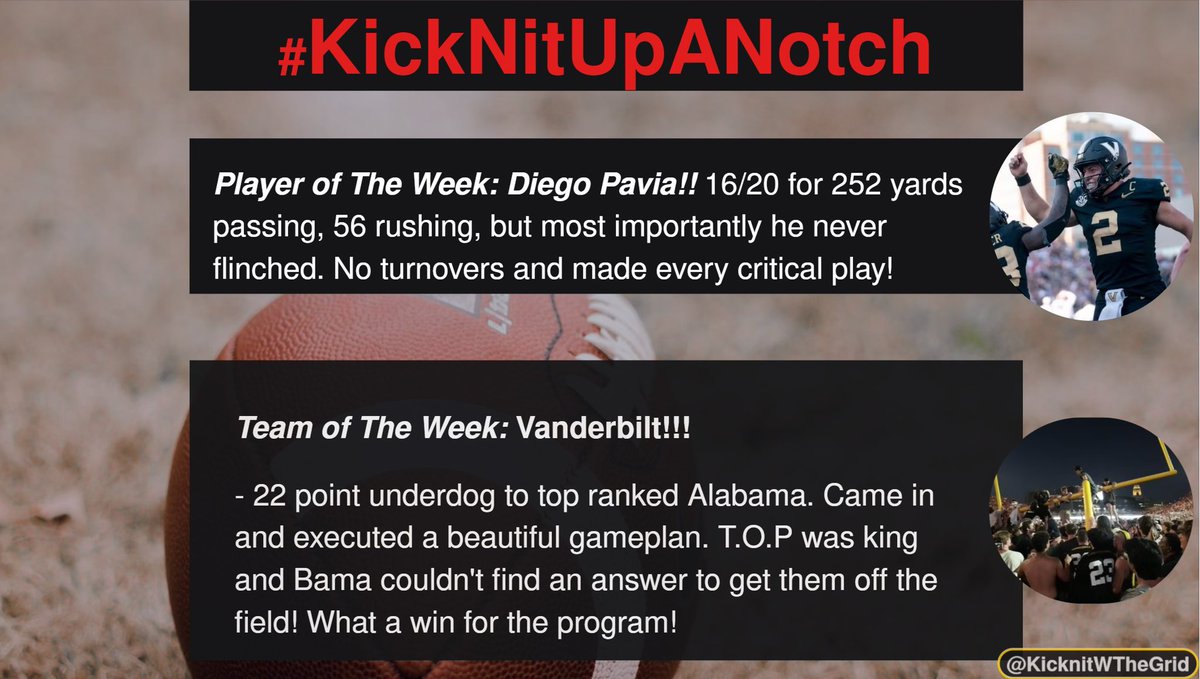 KicknitWTheGrid's tweet photo. Our fan voted #KickNitUpANotch player and team of the week both come from Vandy!
Ashton Jeanty was an honorable mention.
Congrats to @VandyFootball and @diegopavia02 for a great game! https://t.co/rWvBzQfjyy