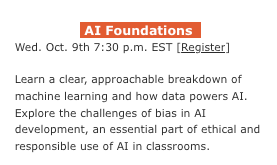 aiEDU presents Free PL for educators
Session 1: AI Foundations Wed. Oct. 9th 7:30 p.m. EST 
us02web.zoom.us/meeting/regist… 
#aiEDU #rvsed