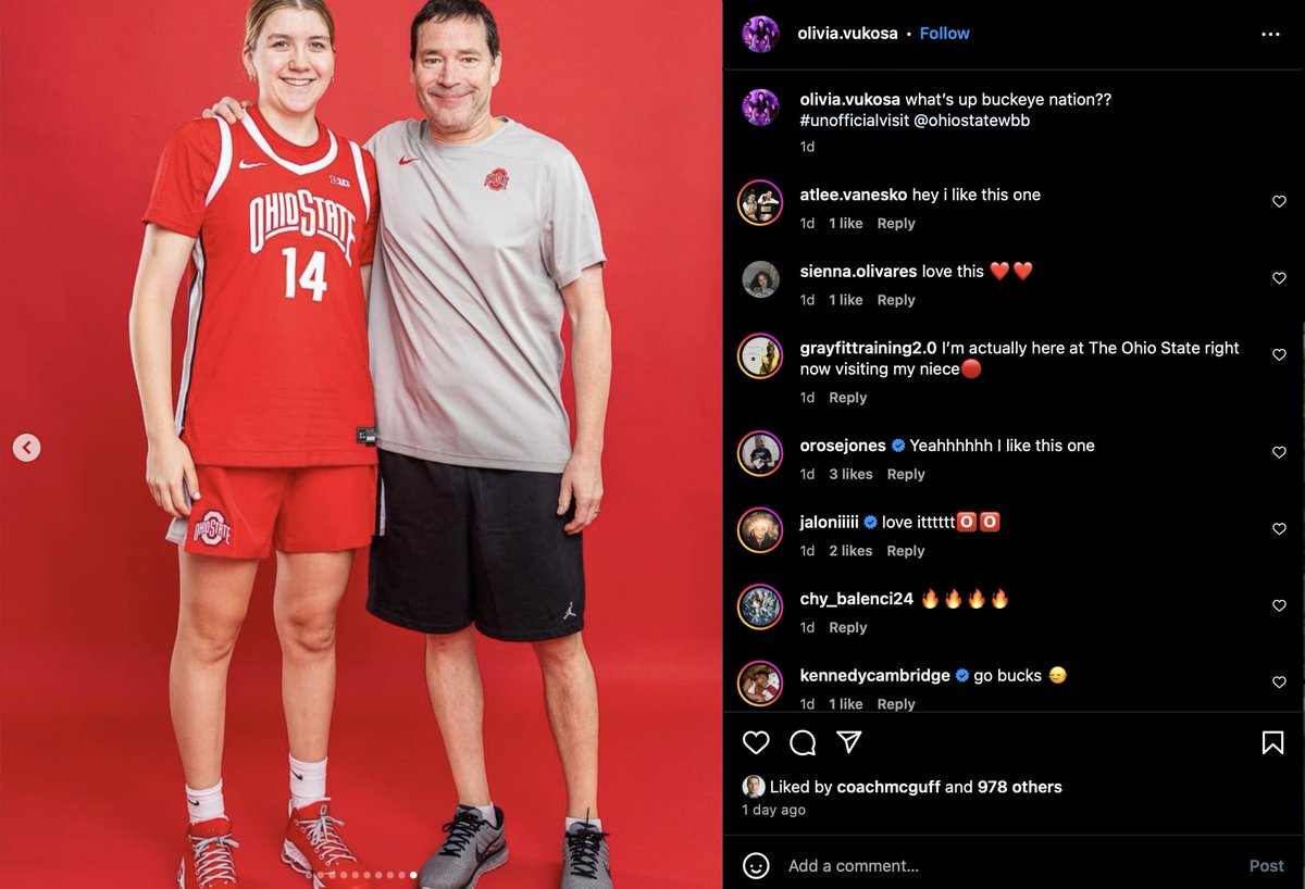 The Ohio State women's basketball program hosted 2026 five-star Whitestone (N.Y.) Christ the King forward Olivia Vukosa for an official visit this weekend.

Looks like Ohio State point guard Jaloni Cambridge is recruiting Vukosa to Columbus 👀

on3.com/db/olivia-vuko…