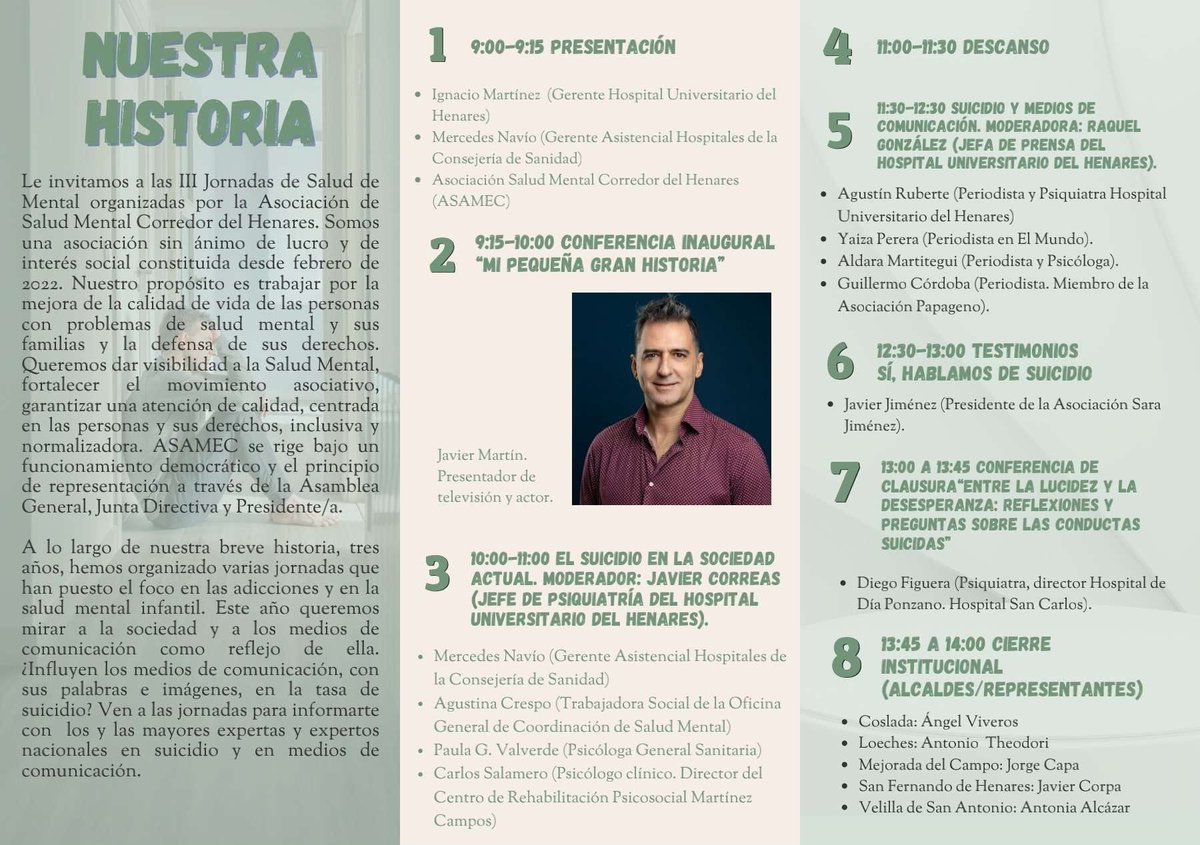 “Entre la lucidez y la desesperanza”. Mañana estaré compartiendo experiencias y saberes sobre conductas suicidas en San Fernando de Henares en un encuentro organizado por ASAMEC. En el CC Gabriel Celaya. Os invito a uniros a este encuentro en un marco cultural.