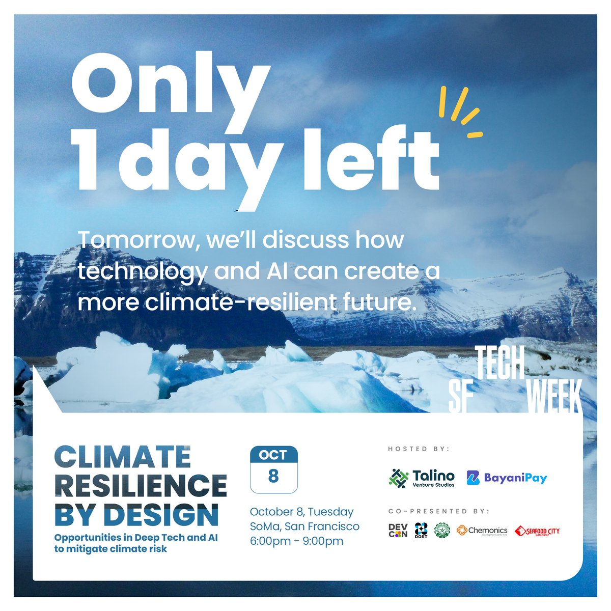 1 more day until our #SFTechWeek event on Climate Resilience by Design. We can't wait to see everyone at our event! 🌱 🌞 🌊 🐻‍❄️ <a href="/Techweek_/">Tech Week</a>