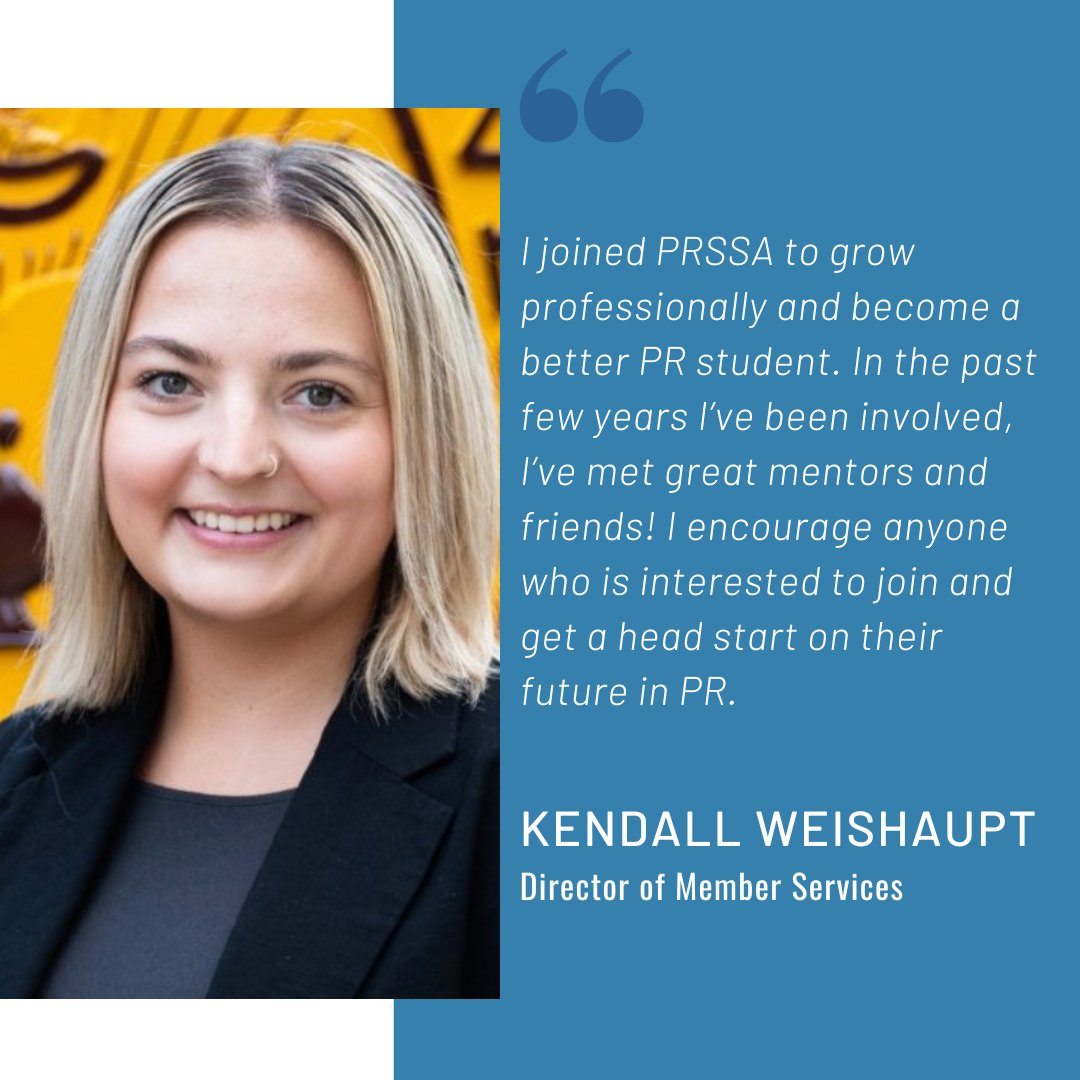 Meet Kendall Weishaupt, our Director of Member Services! Kendall is a senior majoring in IPR with a minor in Broadcasting &amp; Cinematic Arts.

#cmuprssa #prpros