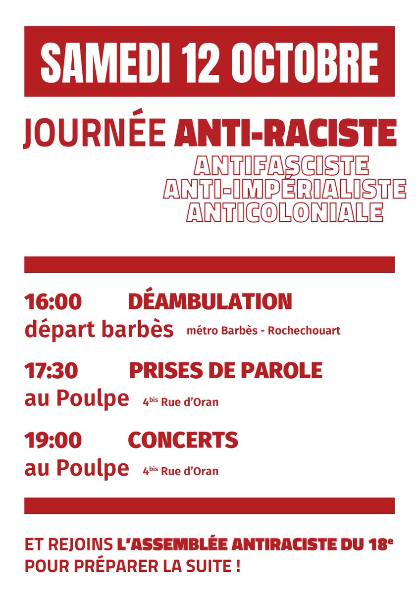 UPalestine_18's tweet photo. Contre toutes les violences coloniales, racistes, et lgbti-phobes qui sont chaque jour plus décomplexées et insupportables, l’Assemblée Générale Unitaire du 18ème arrondissement t’invite à une après-midi &amp; soirée antirasciste le 12 octobre dans le 18ème ! https://t.co/SAIS7HSbvC