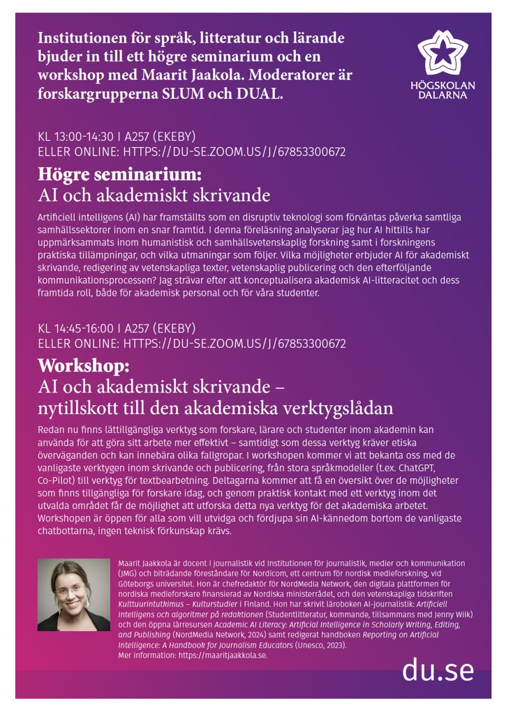 Dr. Maarit Jaakkola (@maaritjii) on Twitter photo Tack <a href="/DalaUniversity/">Högskolan Dalarna</a> för inbjudan att hålla en föreläsning+workshop om #artificiellintelligens & #akademisktskrivande! Fick chansen att smaka på de bästa vindruvorna nånsin (sorten Supaga från Lettland, skördad i Västerås) och njuta av campuset med härlig skandinavisk känsla. 💜 Tack <a href="/DalaUniversity/">Högskolan Dalarna</a> för inbjudan att hålla en föreläsning+workshop om #artificiellintelligens & #akademisktskrivande! Fick chansen att smaka på de bästa vindruvorna nånsin (sorten Supaga från Lettland, skördad i Västerås) och njuta av campuset med härlig skandinavisk känsla. 💜