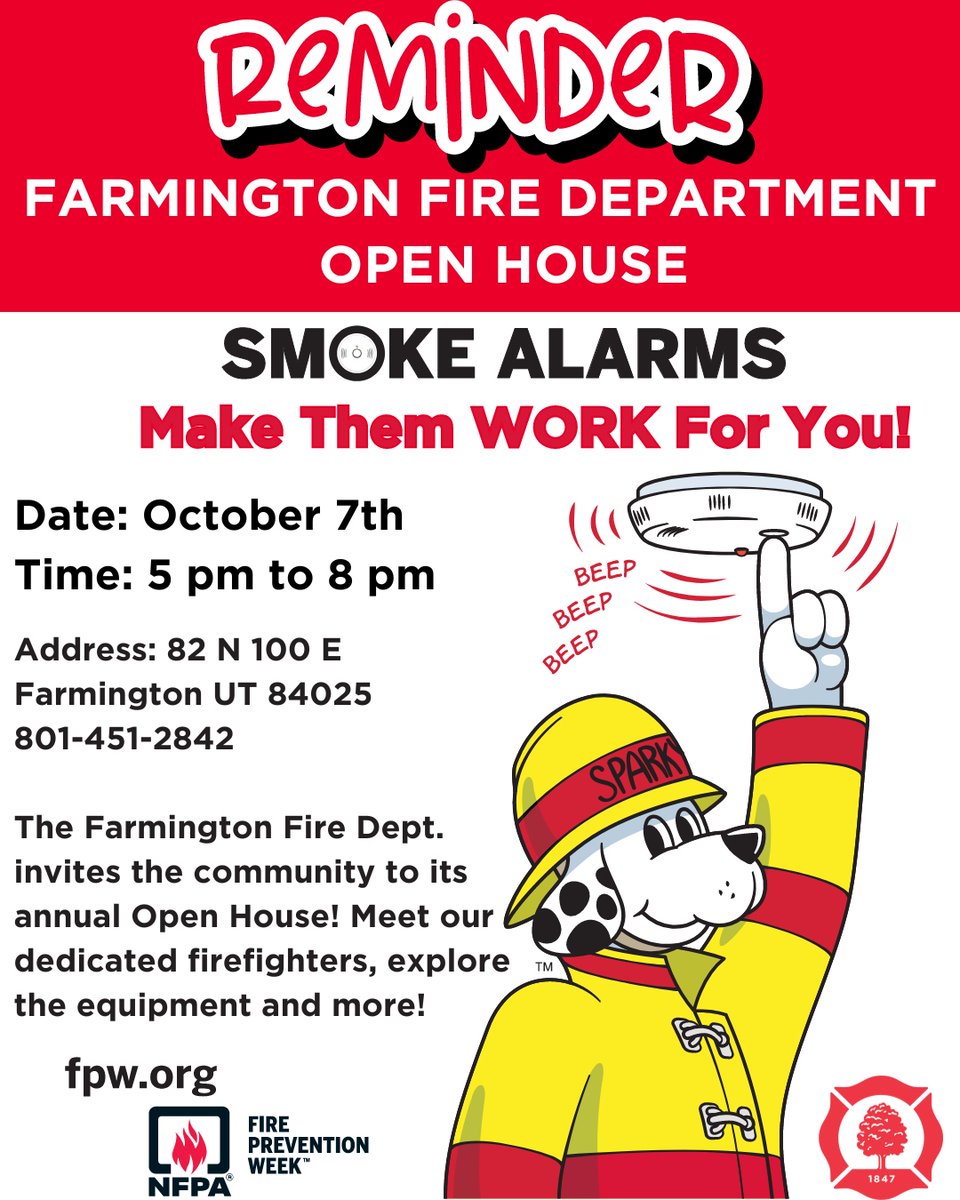 FarmingtonCity's tweet photo. The Farmington Fire Department annual open house is TONIGHT, October 7th, from 5pm - 8 pm.  We hope to see you there!

#FarmingtonCity #FireDepartment #SmokeAlarms #SafetyFirst #Community #OpenHouse https://t.co/PNmFZbEdMR
