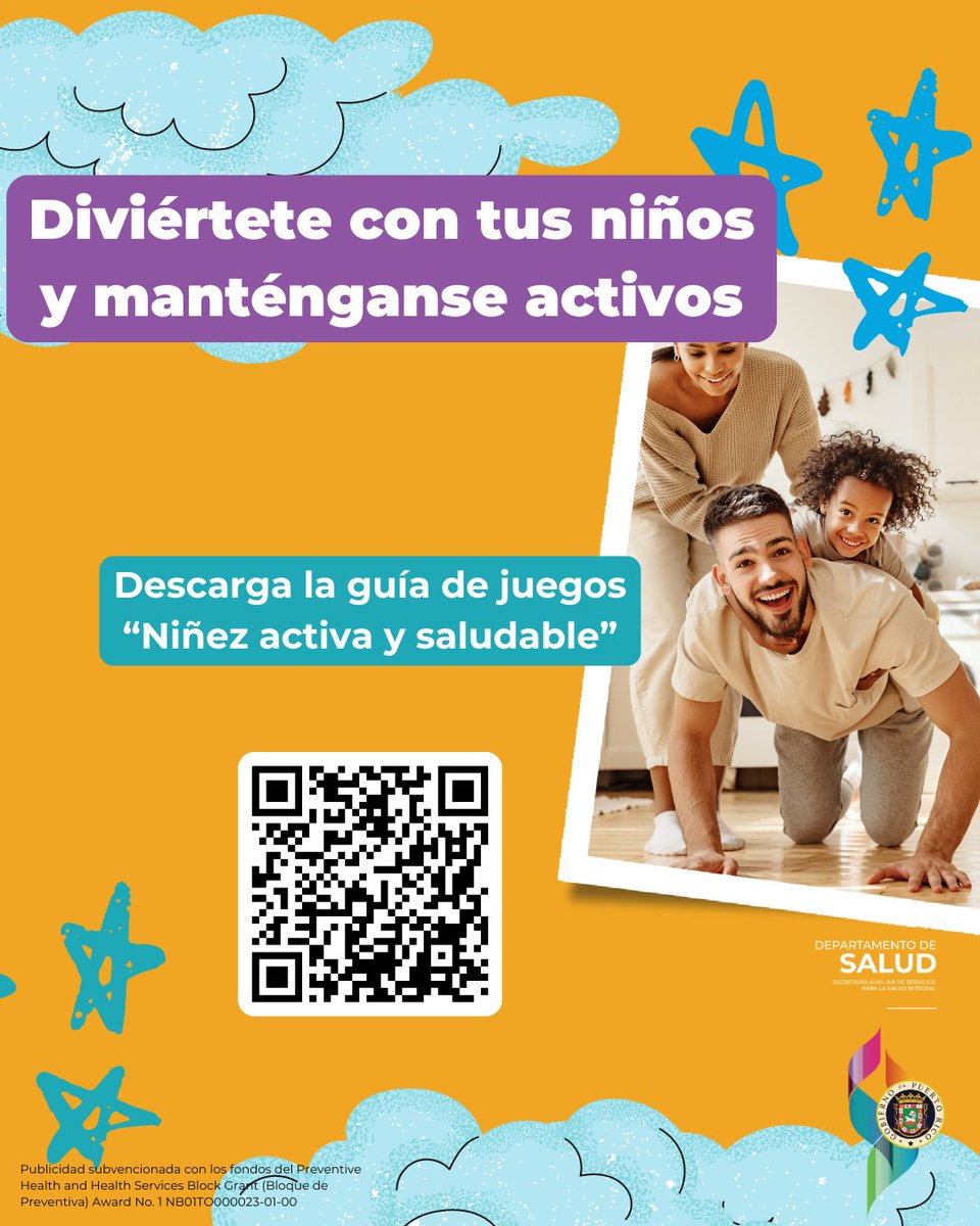 ActivatuSaludPR's tweet photo. Jugar y moverse con tus hijos es una manera divertida de mantenerse activos. Descarga nuestra guía de juegos para más ideas https://t.co/YgxyMH85KB

#ObesidadInfantil #NiñezActiva https://t.co/tHphfLfuVs