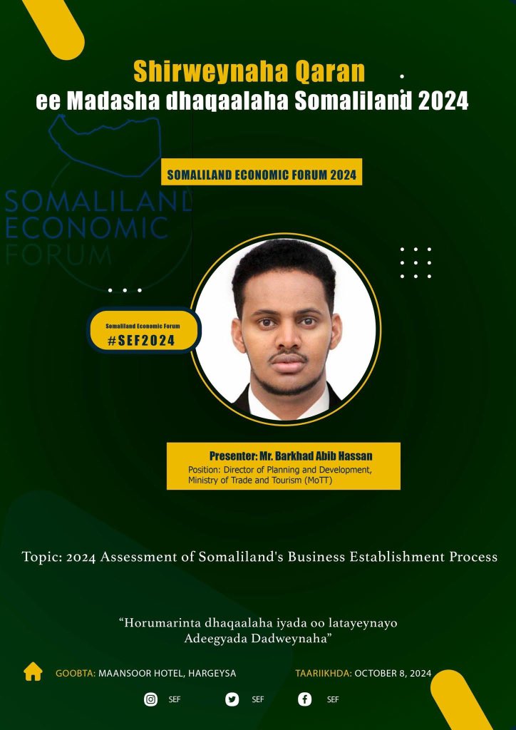 Radio_Hargeisa's tweet image. Shirweynaha Qaran ee Madasha Dhaqaalaha Somaliland 2024.

Topic: 2024 Assessment of Somaliland's Business Establishment Process

#sef2024