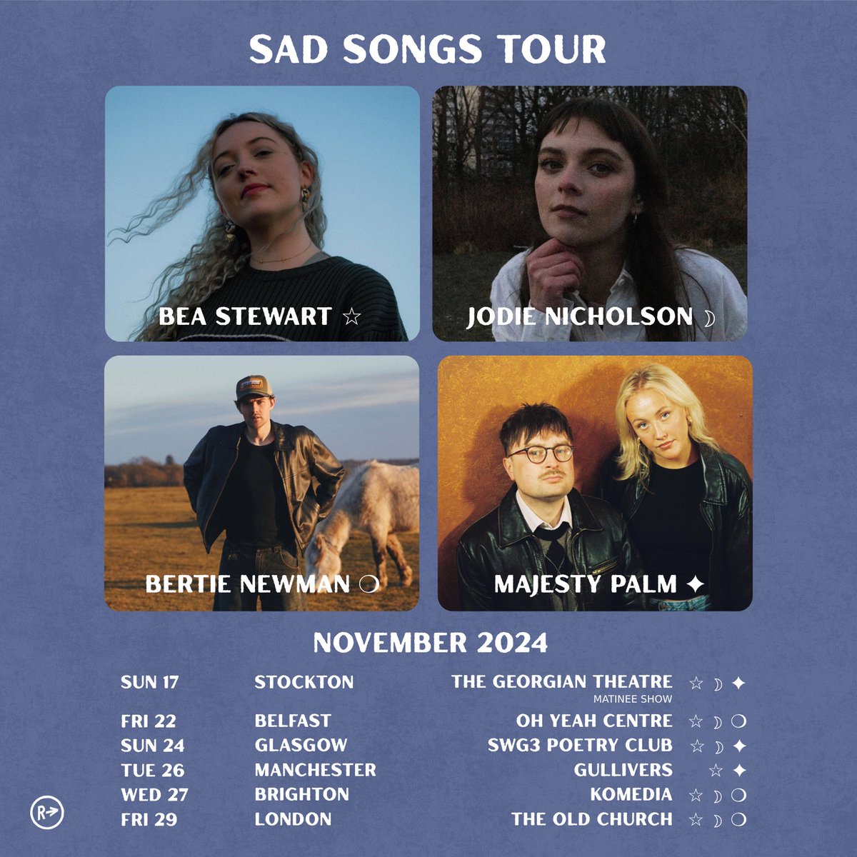 Jodie Nicholson (@jodienic_music) on Twitter photo Big news, I'm going on tour (again)! This time, it's solo and I'll be joining Bea Stewart, <a href="/bertienewmusic/">Bertie Newman</a> & <a href="/majestypalmband/">Majesty Palm</a> to form 'Sad Songs Tour' š„¹
See you in Stockton, Belfast, Glasgow, Brighton & London š
Tickets go on sale Wednesday at 10am!! Big news, I'm going on tour (again)! This time, it's solo and I'll be joining Bea Stewart, <a href="/bertienewmusic/">Bertie Newman</a> & <a href="/majestypalmband/">Majesty Palm</a> to form 'Sad Songs Tour' š„¹
See you in Stockton, Belfast, Glasgow, Brighton & London š
Tickets go on sale Wednesday at 10am!!
