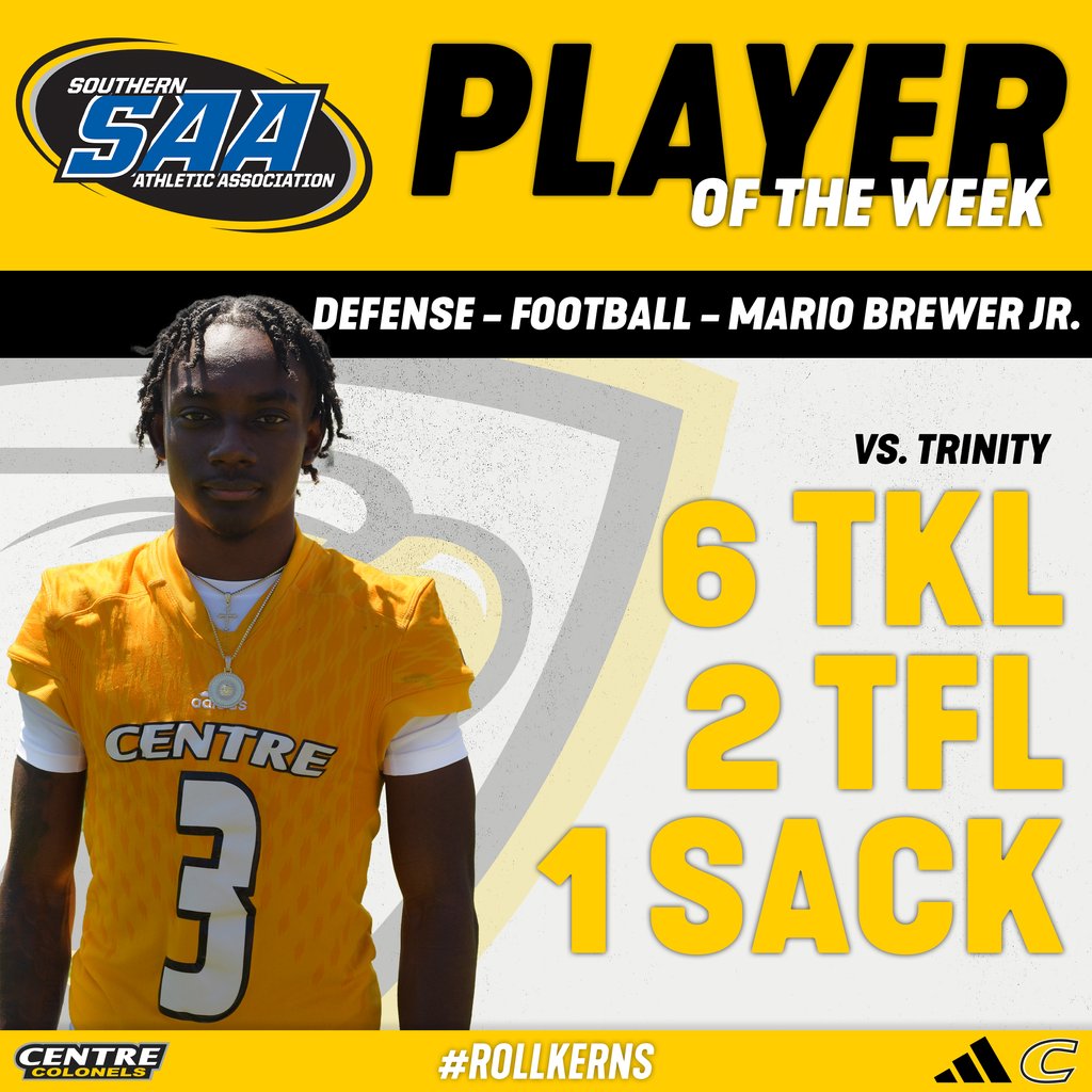 🏈 | After a big <a href="/CentreFootball/">Centre College Football</a> Homecoming win on Saturday, Jack Gohmann and Mario Brewer Jr. have been named SAA Players of the Week! #RollKerns #PEV 

centrecolonels.com/news/2024/10/7…