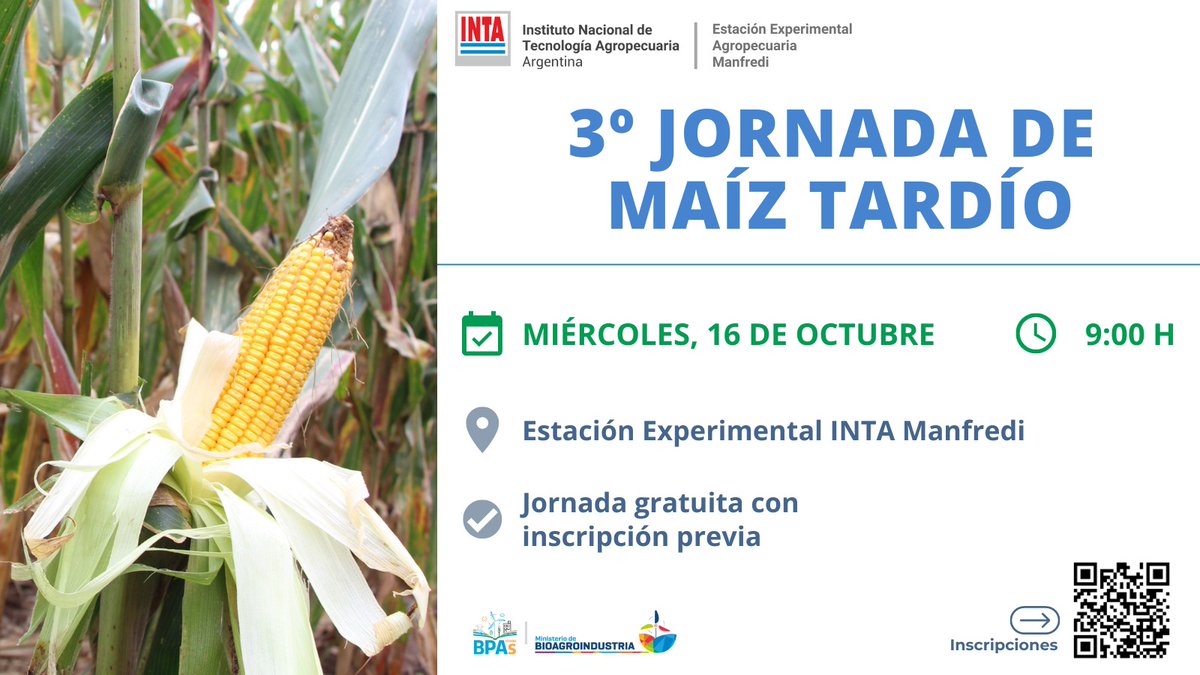 #AgendaINTA | 3º Jornada de #MaízTardío 🌽

🗓️ Miércoles 16/10 - 09:00h.

📌 #INTAManfredi

🗣️ ¿Cómo elegir el híbrido de #maíz? 
🗣️ #Chicharrita del maíz
🗣️ Perspectivas #climáticas
🗣️ Perspectivas #económicas

🤳🏼 Inscripción #gratuita y + info: 👇🏻
argentina.gob.ar/noticias/se-vi…