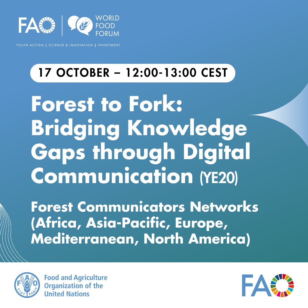 🌱Join young #ForestCommunicators from the Regional Forest Communicators Networks online for a #WorldFoodForum2024 event!

Forest to fork: Bridging knowledge gaps through digital communication (Event YE20)
🗓️Thurs 17 October
⏰12:00-13:00 CEST
🔗Register:  bit.ly/3NdEvJW