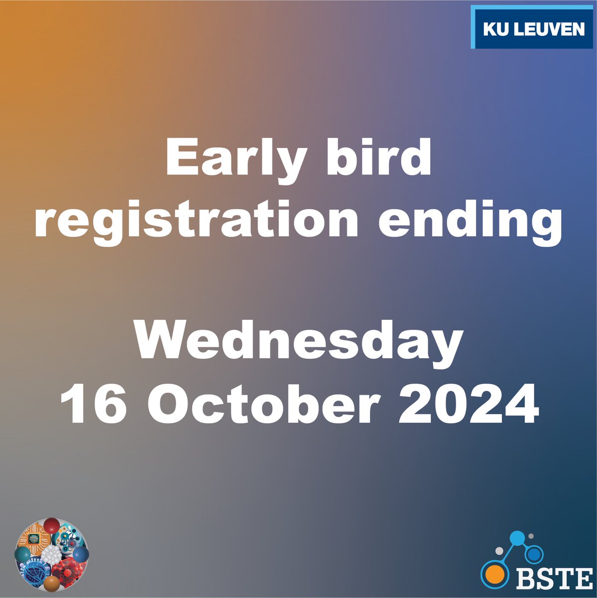 Secure your spot at BSTE 2024 before October 16th to lock in the early bird rate. 

🍽️ Plus, registration for the conference dinner closes October 16th too.

Submitted an abstract? 📩 Be sure to check your inbox and register by November 1st to confirm your place.

See you there!