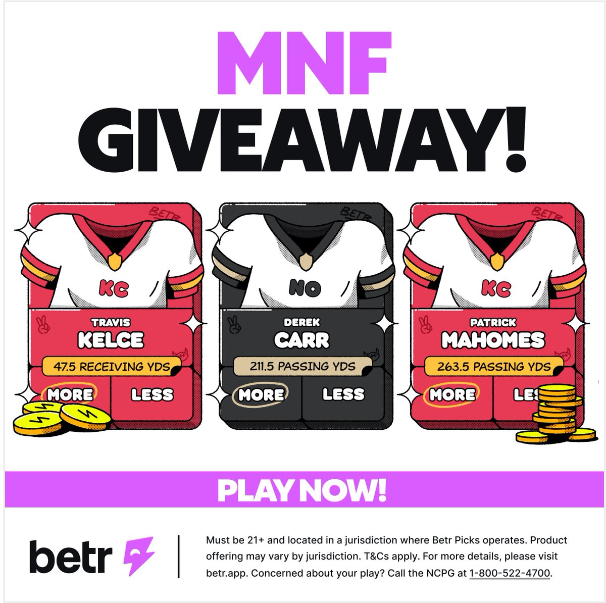 🚨 MNF GIVEAWAY 🚨

15 Hours and 37 Minutes of football yesterday 👀 Why stop now?  We have a Saints vs Chiefs showdown to cap off week 5 🔥

⚡️5 users who drop their MNF Betr Picks lineup in the comments and RT this post are entered for a chance to win $50 🤑⬇️