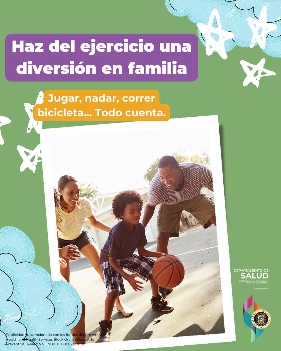 ActivatuSaludPR's tweet photo. El ejercicio en familia es importante. Jugar, nadar, correr o andar en bicicleta todos juntos mejora la salud. #ObesidadInfantil #NiñezActiva https://t.co/qj3XUhxdSj