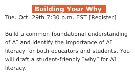 aiEDU presents Free PL for educators
Session 3: AI for Educators: Building Your Why
Tues. Oct. 29 5:30 pm MST
us02web.zoom.us/meeting/regist… #rvsed #aiEDU