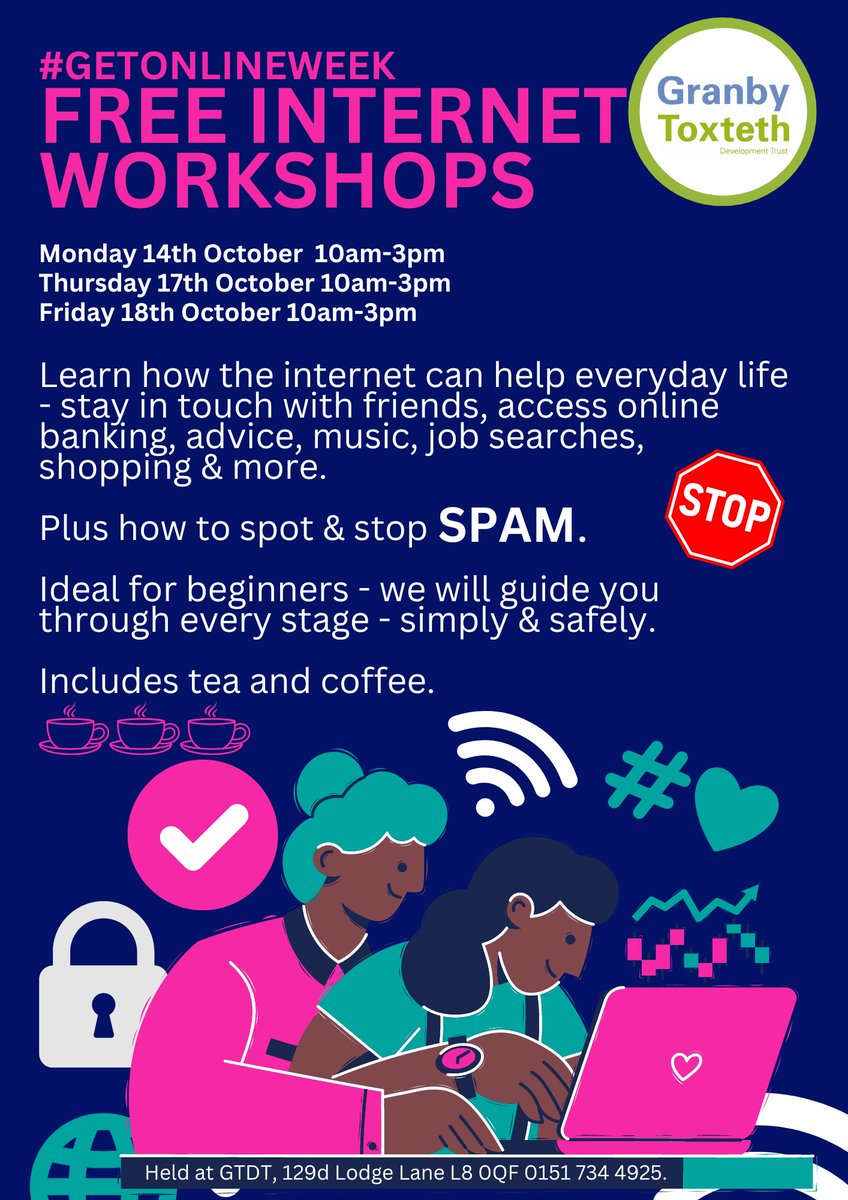 Reminder that we have 3 drop in sessions NEXT WEEK during #GetOnlineWeek to help more people use the internet. We will show you how to stay in touch &amp; safely access online services to help everyday life. Making sure no one is left behind in this digital world! 
Please mention to