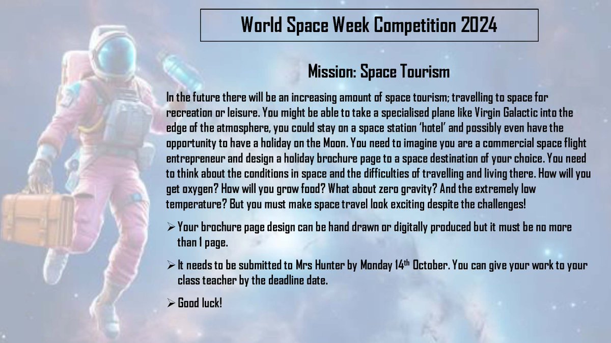 🚀🌌 #WorldSpaceWeek 2024! Our science team is launching an exciting competition for Year 8 students on the future of space tourism! 🛸✨ Encourage your child to take part &amp; explore the wonders beyond Earth! 🌍💫 #StMarysAstley #SpaceTourism #STEM #InspiringYoungMinds #WSW2024