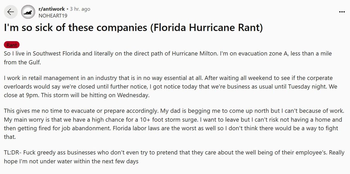 Hurricane Milton has grown at an astronomical rate into a Category 5 storm.

Workers are already sharing stories of bosses putting them in danger ahead of Milton's landfall.

Workers died during Hurricane Helene because they weren't given time to evacuate. This must stop.