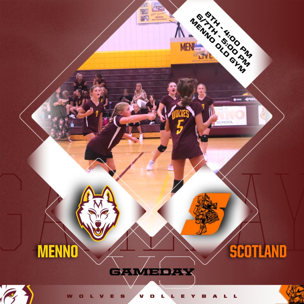 MennoWolves's tweet photo. Good luck to our middle school volleyball teams as they host Scotland this afternoon! 8th grade will kick things off at 4:00, with a 6/7th game to follow. Both matches are in the Old Gym. #howlwolves https://t.co/bWnX7mt3yq