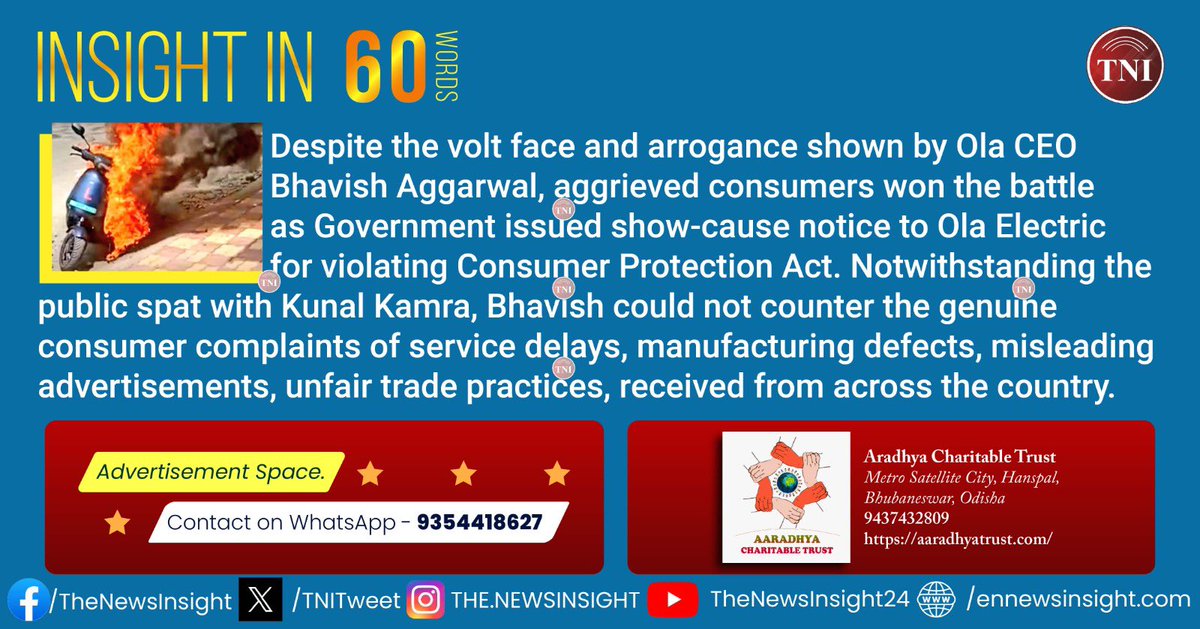 TNIPress's tweet photo. π #TNI #InsightIn60Words
#OlaElectric under the scanner. Massive consumer complaints make it worse for #Ola . #PiN #Insight https://t.co/1Xluv1Zk88