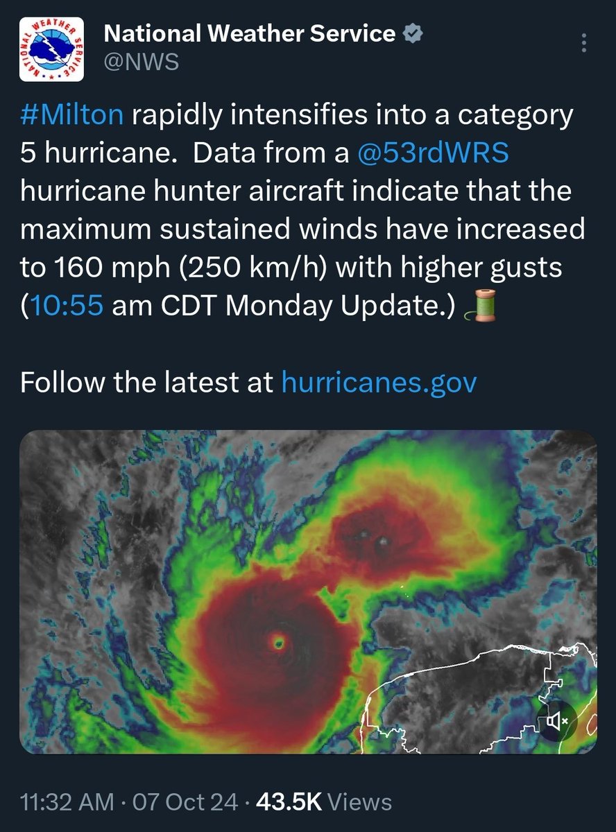 The rapid intensification of #Milton is mindblowing...basically nothing to Cat 5 hurricane in 24 hours! I hope everyone who can evacuate gets out--despite it hopefully weakening before landfall, it's still going to be a devastating storm. 😢 Things can be replaced, people can't!