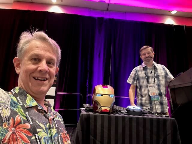 shanecurcuru's tweet image. Today's Hawaiian shirt at the #CommunityOverCode Denver keynote - alongside the hardware/software marvel from @KerseyFabs, duplicating that famous helmet with #OpenSource inside!