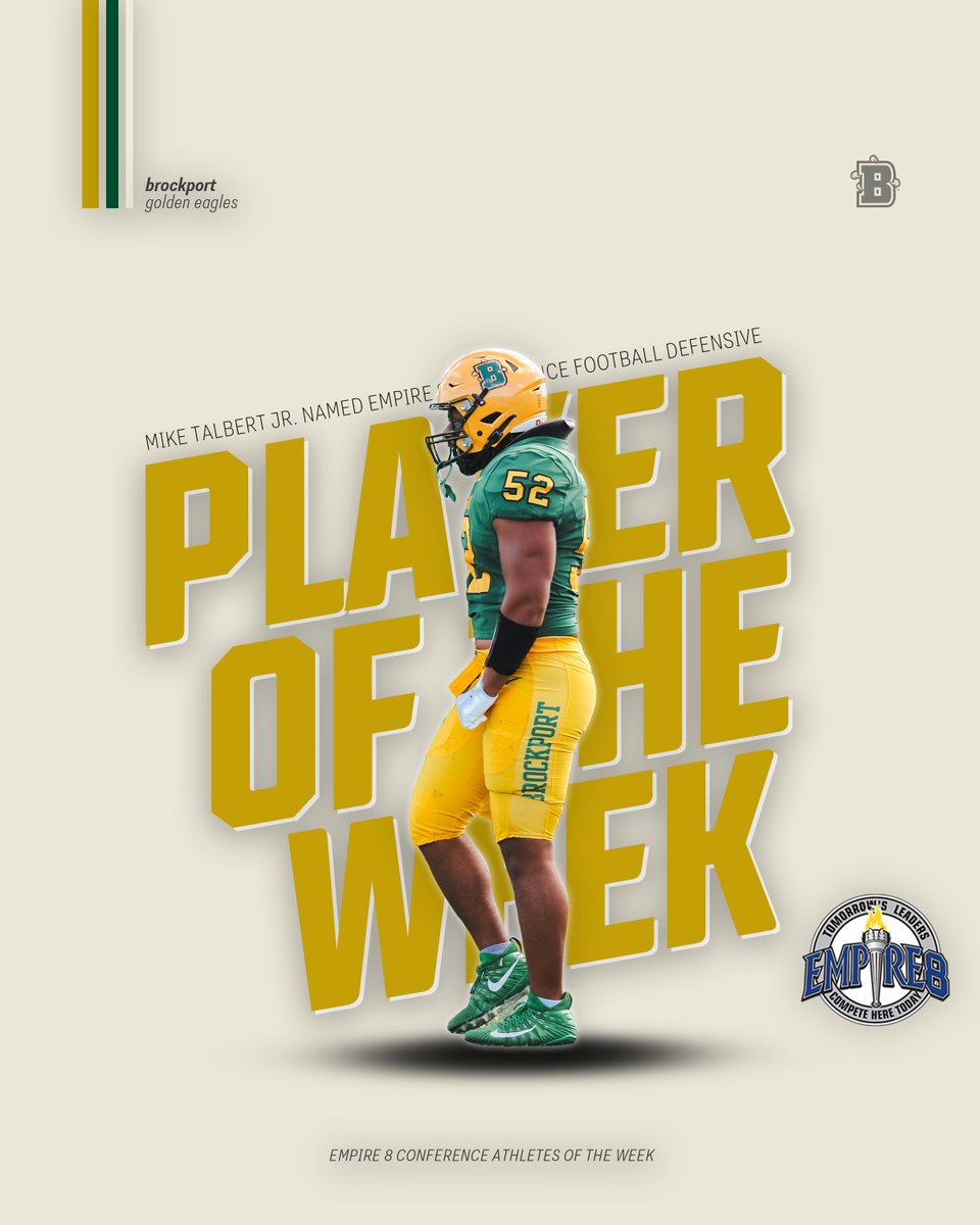 Mike Talbert Jr. - The <a href="/Empire8/">Empire 8</a> Football Defensive Player of the Week‼️ 🦅🏈🔒

Talbert vs Fisher🔥🔥
7 tackles (4 solo)
3.5 tackles for loss
2.5 sacks
1 interception

🗞️:shorturl.at/plALF

<a href="/BPort_Football/">Brockport Football</a> | #UndefeatedEffort | #d3fb