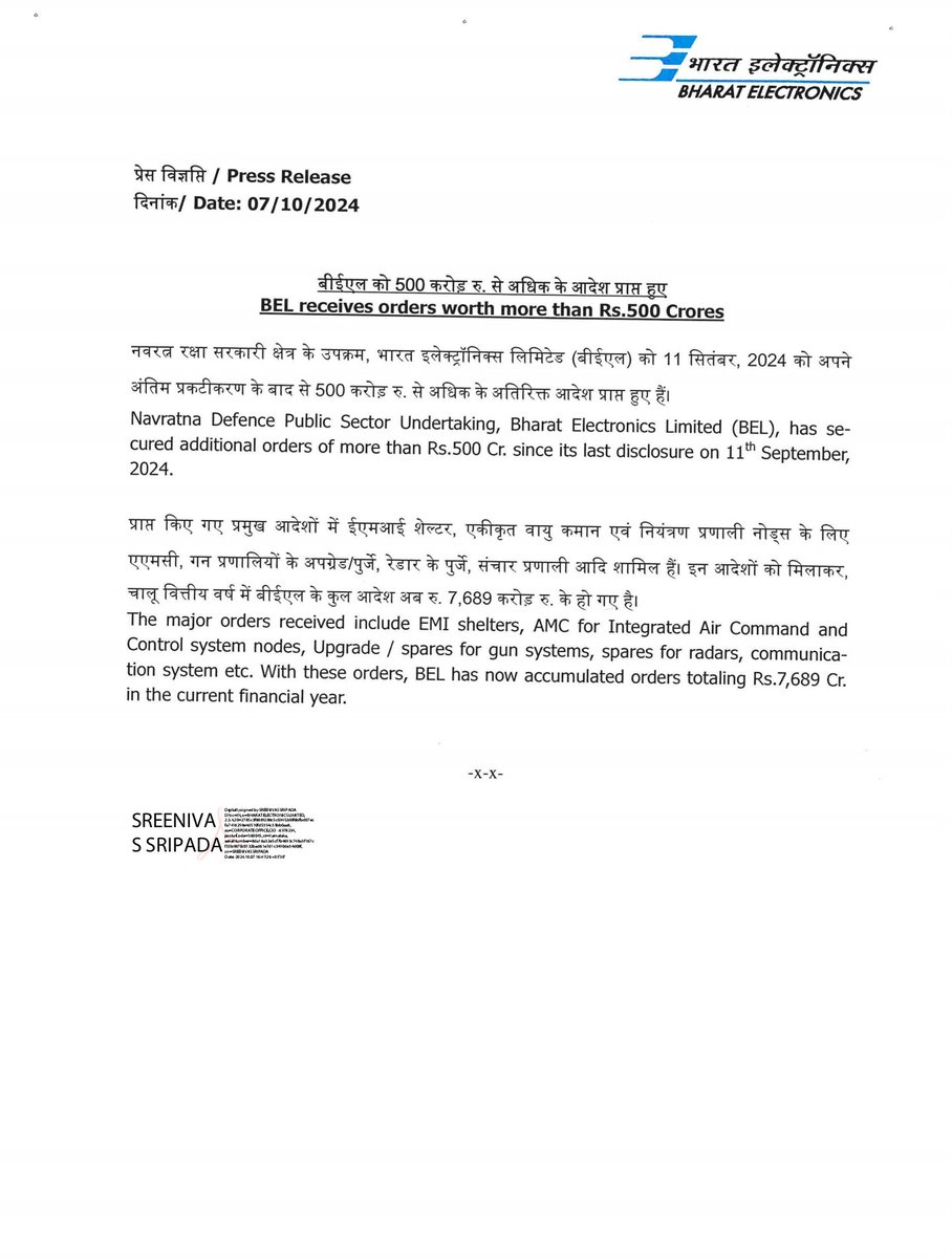 RaviPksThakur's tweet image. BEL receives orders worth more than Rs.500 Crores

#BEL #BharatElectronics