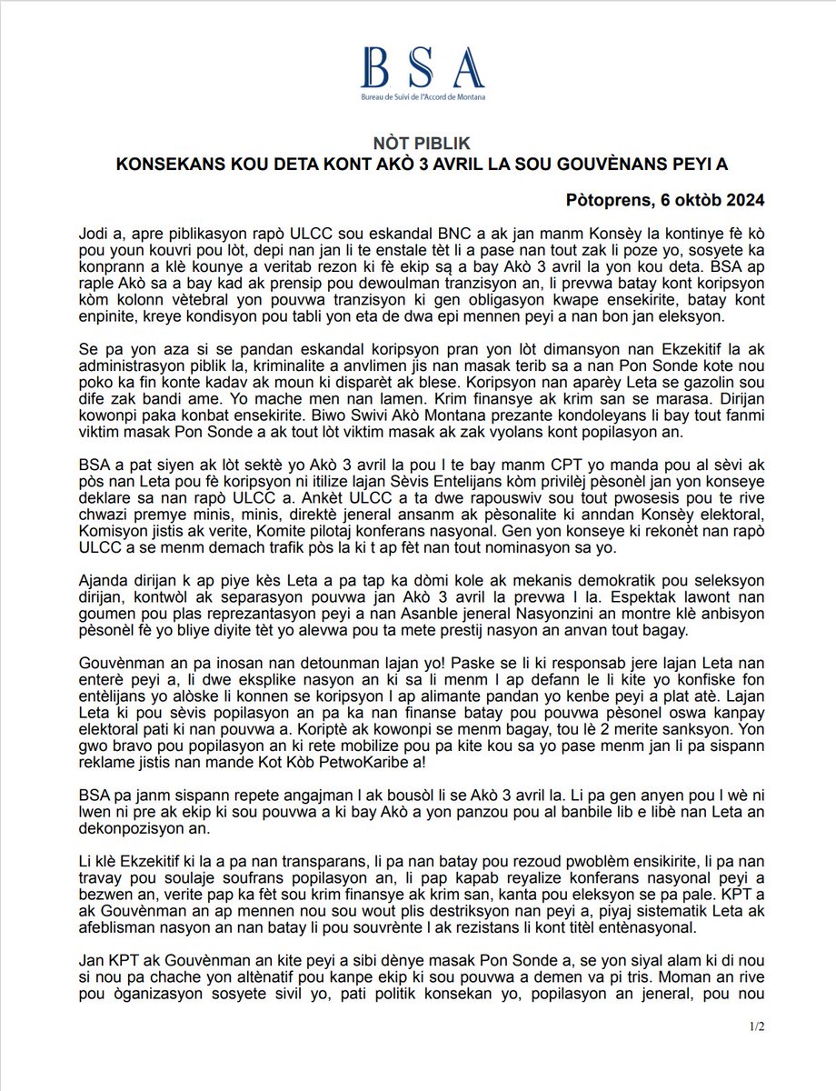 BSA_Montana3008's tweet image. SA K AP PASE NAN GOUVÈNANS PEYI A LA A SE REZILTA DIRÈk KOU DETA KI FÈT SOU AKÒ 3 AVRIL 2024 LA. MEN POZISYON BSA NAN YON YON NOUVO NÒT PIBLIK. #Ayiti #Akomontana #POUYONTRANZISYONKOUPEFACHE
