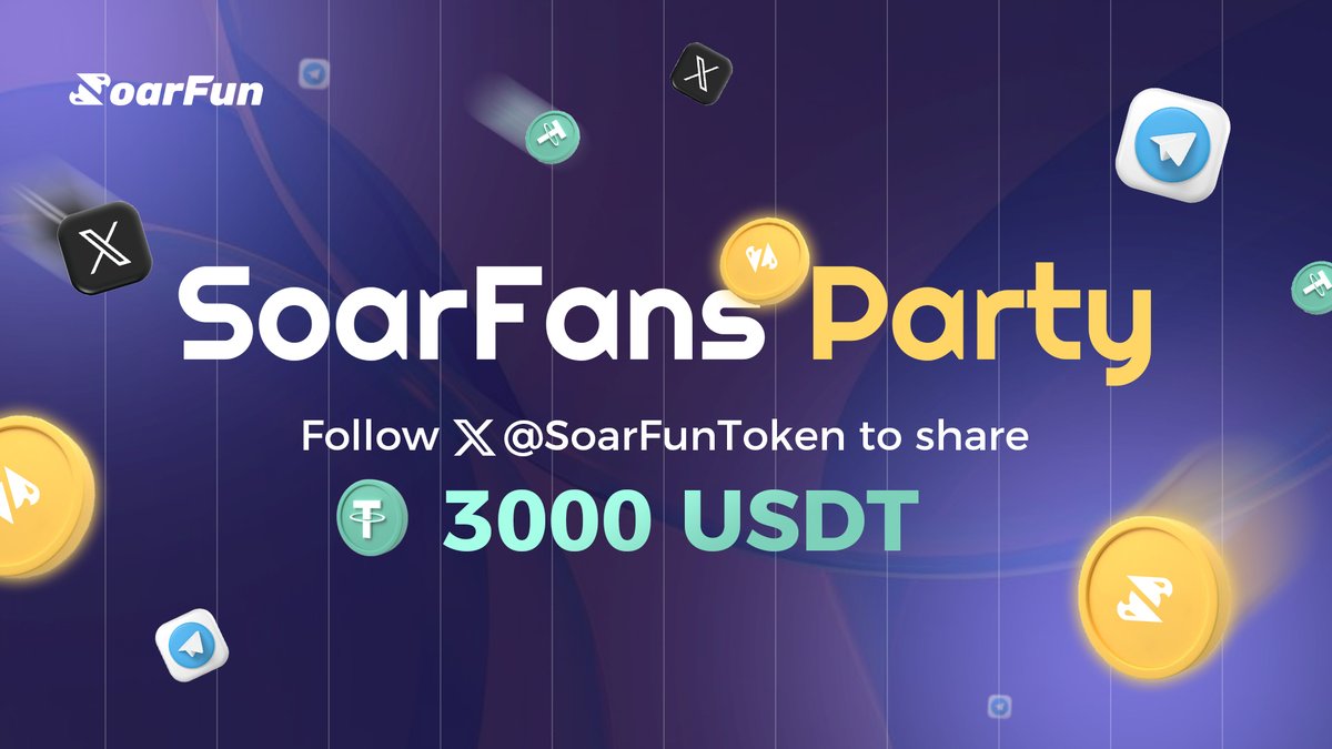 SoarFunToken's tweet photo. 🚀Attention Please‼️

🦅Let's get the SoarFans Party started! For a chance to win from a 3000 USDT pool!

🗓 Event Period: Oct 7, 2 PM UTC-4 - Oct 14, 2 PM UTC-4
💰 Total Prize Pool: 3000 USDT
💸 Prize per Winner: 5 USDT – 600 Randomly Lucky Winners!

Want to win 5 USDT with just a few simple steps? Here's how:
1. Follow @SoarFunToken
2. Like & Retweet
3. Comment with your SoarFun UID and refer link, and tag at least 3 friends to join the fun!
4. Join https://t.co/pPQb5ata33

Don’t have an account? Sign up here: https://t.co/9iYR8ELMeT

⚠️ Important:
Ensure your account has bounded the email & wallet, and you’ve completed at least one mining session to be eligible for the draw!

Complete these tasks for a chance to win 5 USDT! It's that easy—what are you waiting for? Grab your friends and join the fun now! Good luck!🦅